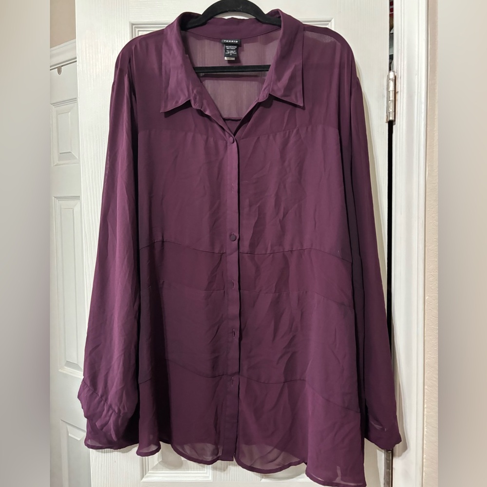 Torrid Plum Sheer Button Down Colllared Whimsical Long Sleeve Blouse Sz 5